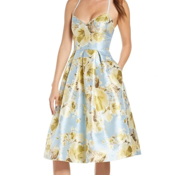 knee length dresses for ladies Eliza J Printed Metallic Gown main image 1